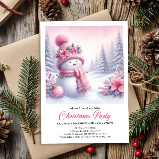 Invitation Fairytale Pink Snowman Editable Christmas Kids 