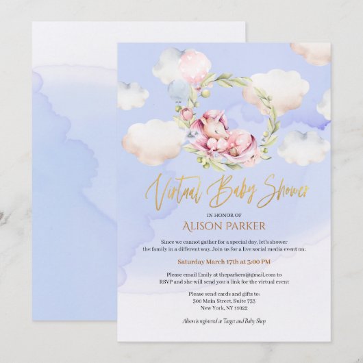Invitation Fairytale Pink Unicorn Dream | Baby shower virtuel (Devant / Derrière)