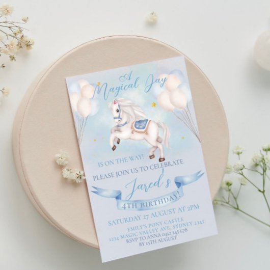 Invitation Fairytale Pony Star Balloon 1st Birthday Boy Party