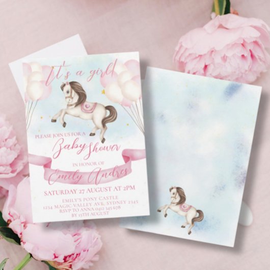 Invitation Fairytale Pony Stars Baby shower de ballons roses
