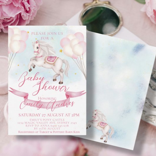 Invitation Fairytale Pony Stars Baby shower de ballons roses