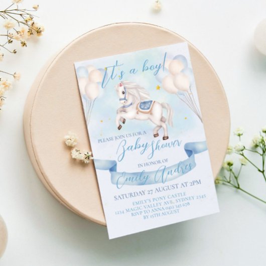 Invitation Fairytale Pony Stars Ballons Baby shower Boy