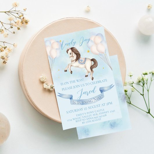 Invitation Fairytale Pony Stars Bleus Ballons Anniversaire