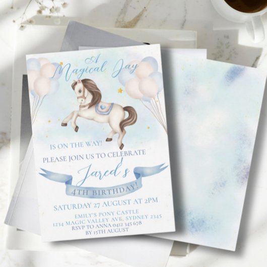 Invitation Fairytale Pony Stars Bleus Ballons Anniversaire