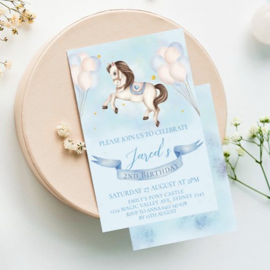 Invitation Fairytale Pony Stars Bleus Ballons Anniversaire