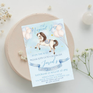 Invitation Fairytale Pony Stars Bleus Ballons Anniversaire