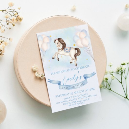 Invitation Fairytale Pony Stars Bleus Ballons Anniversaire