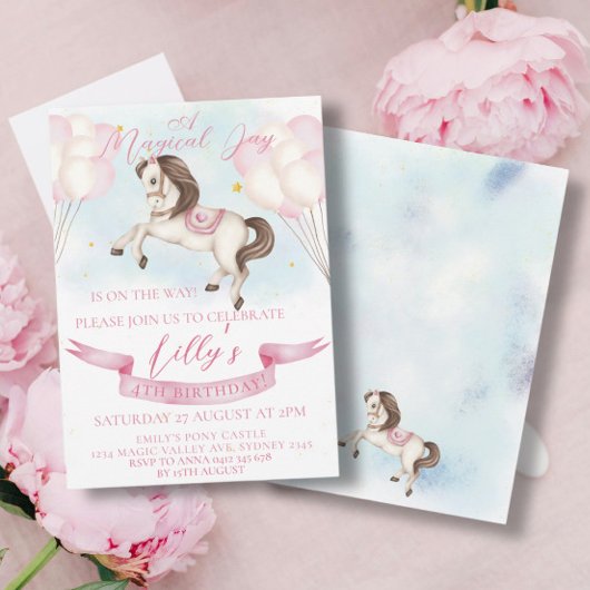 Invitation Fairytale Pony Stars Pink Balons Anniversaire