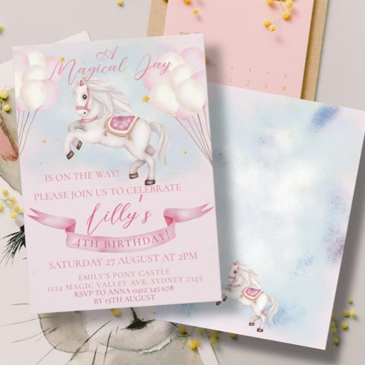 Invitation Fairytale Pony Stars Pink Balons Anniversaire