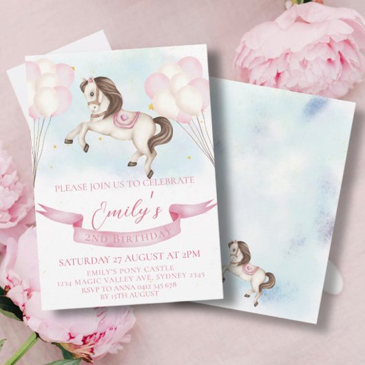 Invitation Fairytale Pony Stars Pinky Balloons Anniversaire