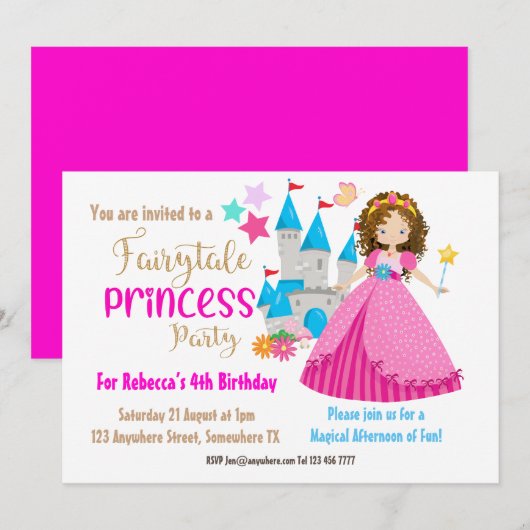 Invitation Fairytale Princess Brown Hair fête d'anniversaire (Devant / Derrière)