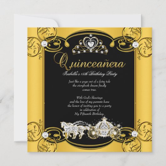 Invitation Fairytale Quinceanera 15e anniversaire Jaune Noir (Devant)