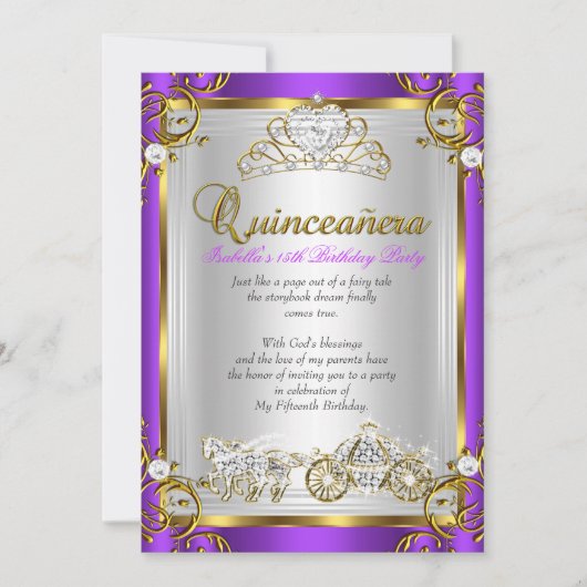 Invitation Fairytale Quinceanera 15e anniversaire Purple Gold (Devant)