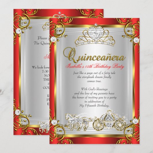 Invitation Fairytale Quinceanera 15e anniversaire Red Gold (Devant / Derrière)