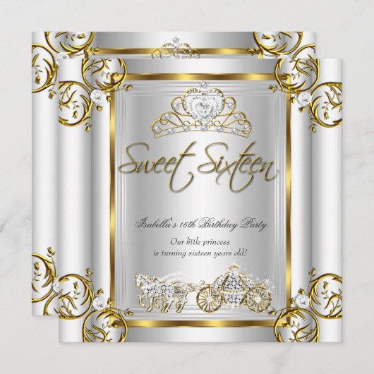Invitation Fairytale Sweet 16 16e anniversaire Gold Silver (Devant / Derrière)