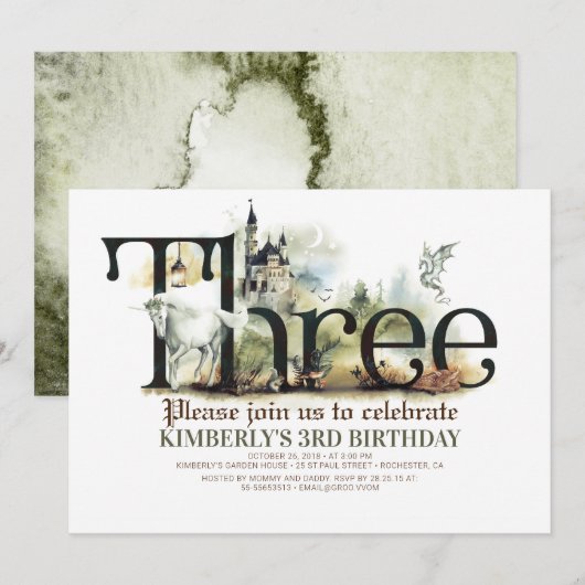 Invitation Fairytale Unicorn Dragon Magic Castle 3 Anniversai (Devant / Derrière)