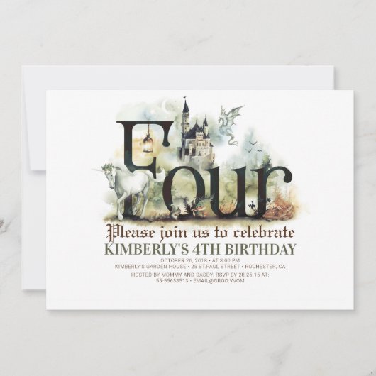 Invitation Fairytale Unicorn Dragon Magic Castle 4e anniversa (Devant)