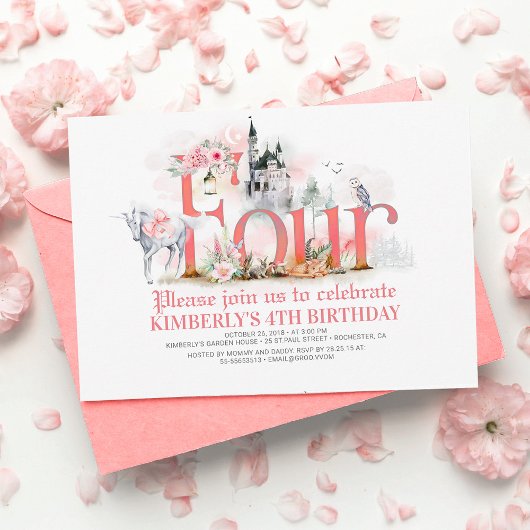Invitation Fairytale Unicorn Princess Castle 4th Birthday