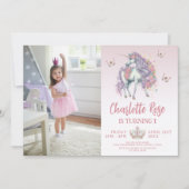 Invitation Fairytale Uniforn & Fleurs rose Photo Anniversaire (Devant)