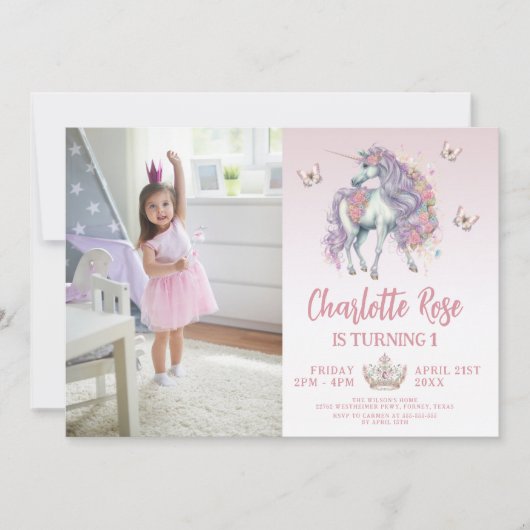 Invitation Fairytale Uniforn & Fleurs rose Photo Anniversaire (Devant)