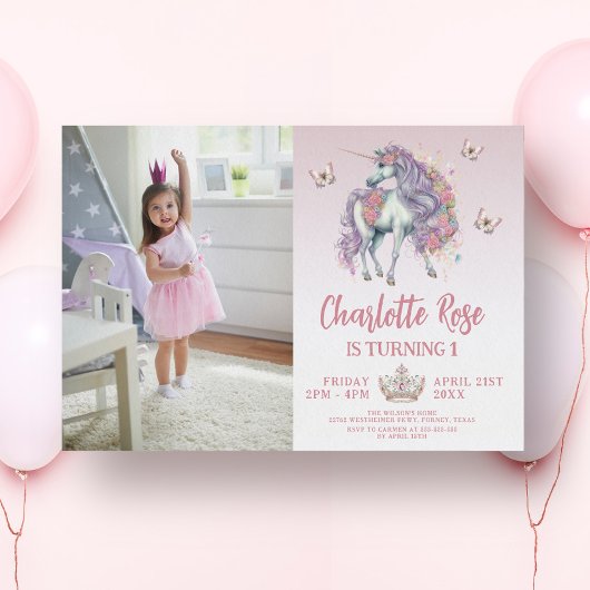 Invitation Fairytale Uniforn & Fleurs rose Photo Anniversaire