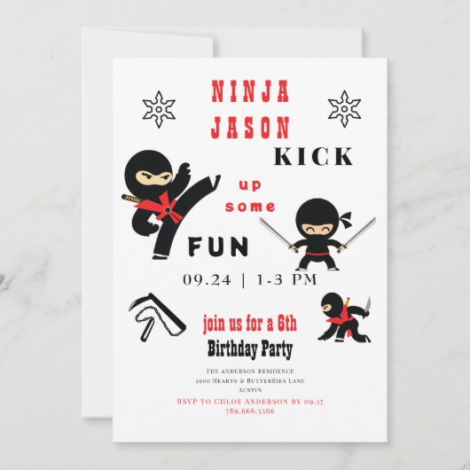 Invitation Fais monter le Fun Ninja Anniversaire Rouge et Noi (Devant)