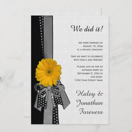 Invitation Faisceau Jaune Noir Blanc Damas Réception Seulemen (Devant / Derrière)