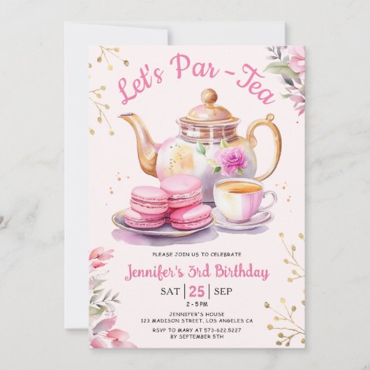 Invitation Faisons du Par-Tea ! Fille Thé Rose fête d'anniver (Devant)