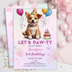 Invitation Faisons la Fête 3e Anniversaire Chien Chiot Fille