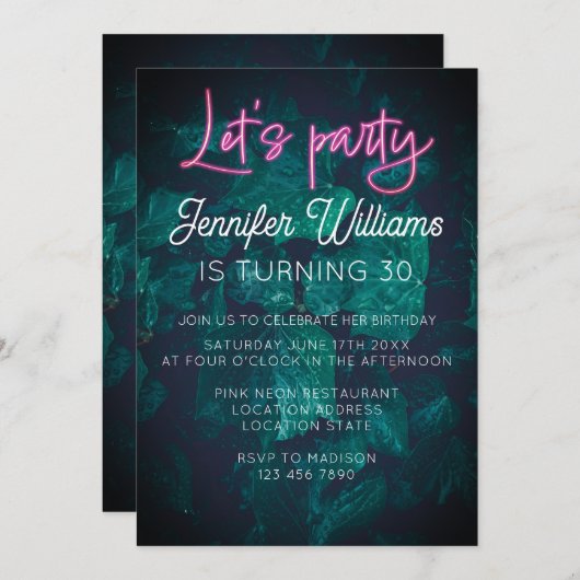 Invitation Faisons la fête avec le script vert rose chaud du  (Devant / Derrière)