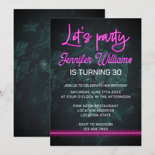 Invitation Faisons la fête avec un feuillage de script néon r (Devant / Derrière)