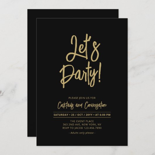 Invitation Faisons la fête | Black Chic Script Cacktail Party (Devant / Derrière)