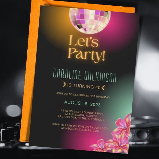 Invitation Faisons la fête Black Orange Neon 40e anniversaire