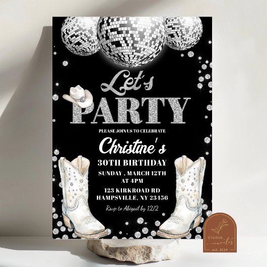 Invitation Faisons la fête bottes boule disco Fête d'annivers