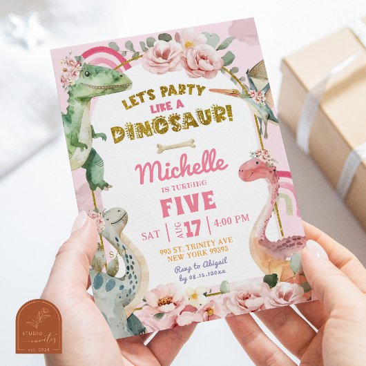 Invitation Faisons la fête comme une fille dinosaure pour un