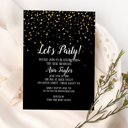Invitation Faisons la fête Confettis dorés sur fond noir pour
