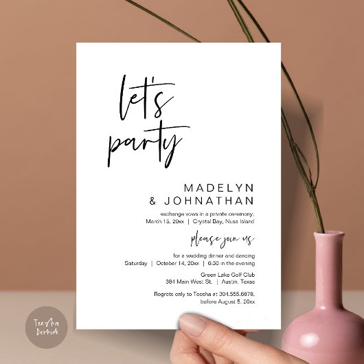 Invitation Faisons la fête, dîner d'Elopement Mariage et dans