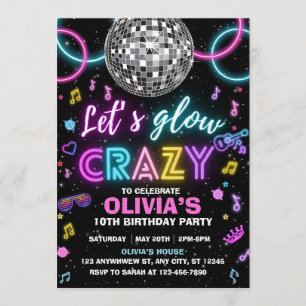 Invitation Faisons la fête disco folle Let's Glow Crazy