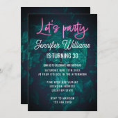 Invitation Faisons la fête écriture néon rose chaud feuillage (Devant / Derrière)