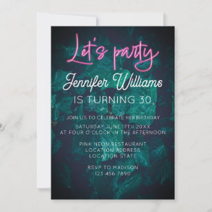 Invitation Faisons la fête écriture néon rose chaud feuillage
