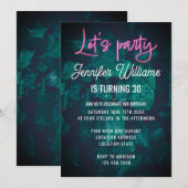 Invitation Faisons la fête écriture néon rose hotte de feuill (Devant / Derrière)