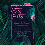 Invitation Faisons la fête Electric Neon rose Tropical Annive<br><div class="desc">Célébrez votre anniversaire avec un peu de néon ! Notre invitation électrique à l'anniversaire de néon est parfaite pour quelqu'un qui recherche une vie nocturne audacieuse, avec une esthétique moderne rétro-classe. Inspirés par la beauté et la tendance des néons, nous avons créé une typographie enseigne de style néon rose brillant,...</div>