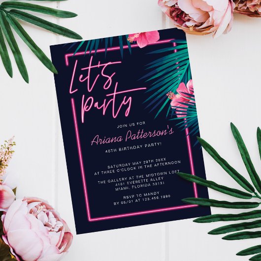 Invitation Faisons la fête Electric Neon rose Tropical Annive