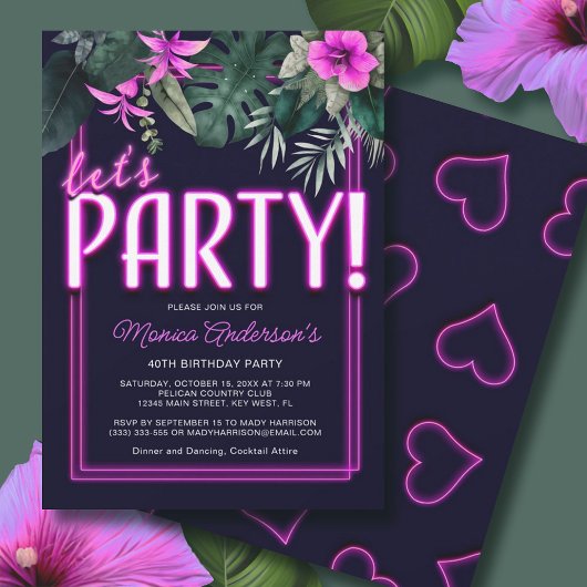 Invitation Faisons la fête Electric rose Neon Tropical Annive