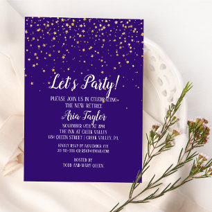 Invitation Faisons la fête Gold Confetti sur Purple Party