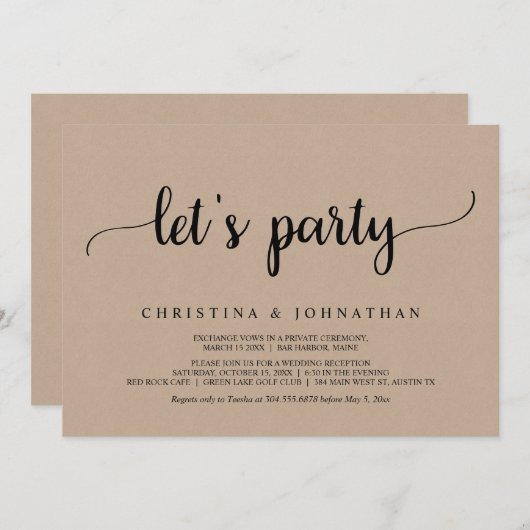 Invitation Faisons la fête, Mariage en fuite Kraft Brun Rusti (Devant / Derrière)