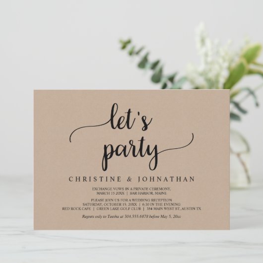 Invitation Faisons la fête, Mariage Rustique Brun Kraft Fuite (Debout devant)