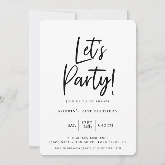 Invitation Faisons la fête moderne noir Script Anniversaire (Devant)