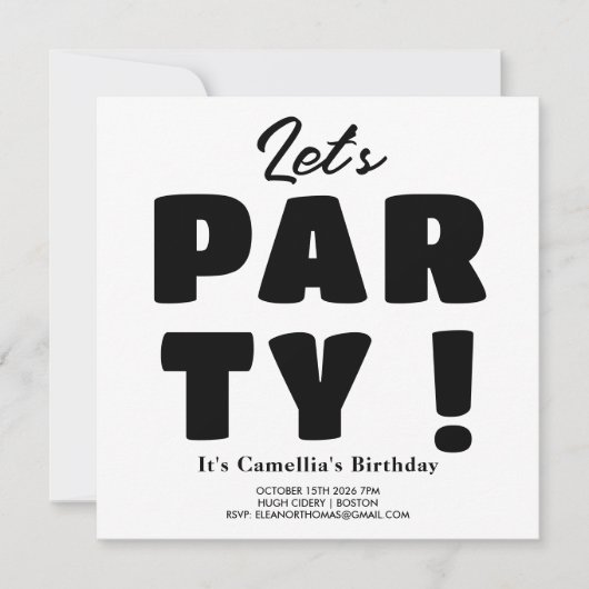 Invitation Faisons la fête ! Noir & Blanc Rayé Écriture Gras (Devant)