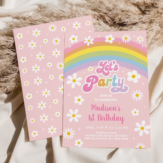 Invitation Faisons la fête Retro Daisy Rainbow Anniversaire